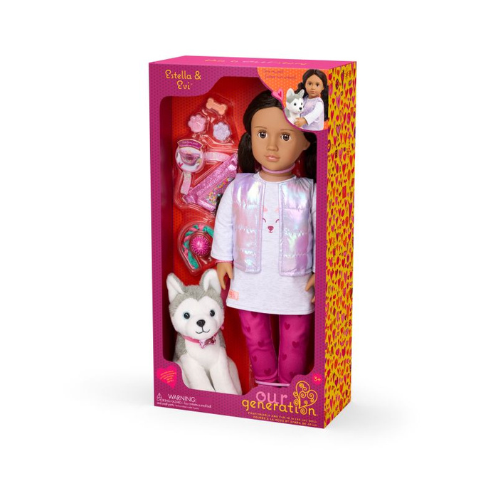 Lalka dla dzieci ESTELLA 46cm z pieskiem Husky i akcesoriami Our Generation