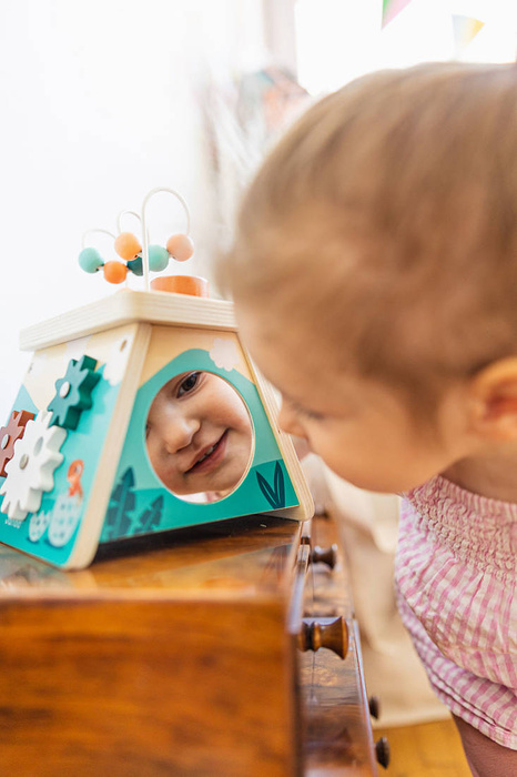 Drewniana aktywizująca kostka edukacyjna wulkan Dinozaury Janod 