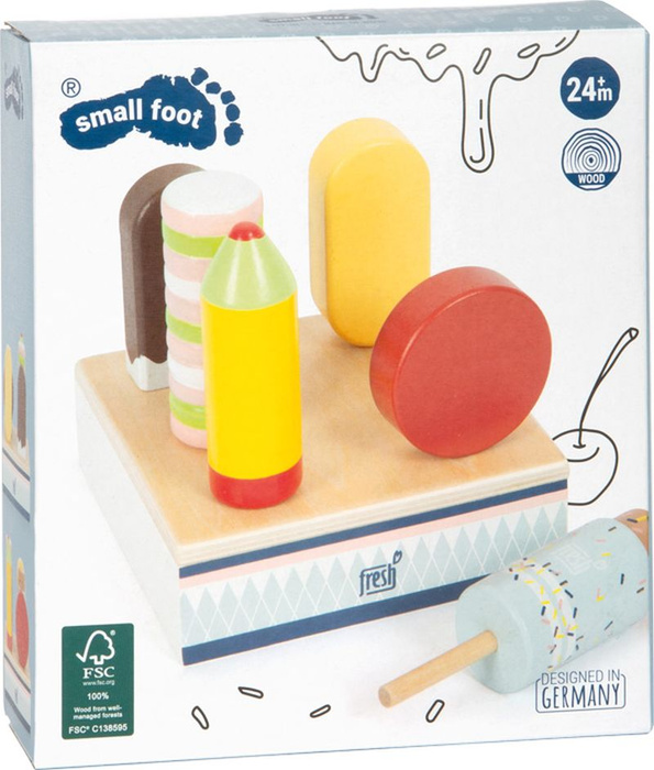 Mini lada z drewnianymi kolorowymi lodami na patyku Small Foot imitacje jedzenia do zabawy w sklep