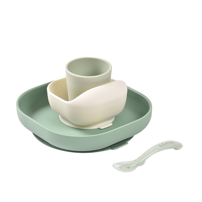 Komplet naczyń z silikonu z przyssawką Sage Green Beaba
