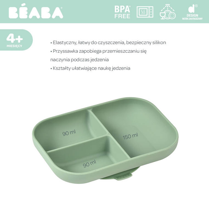 Talerzyk trójdzielny dla dziecka silikonowy z przyssawką Sage green Beaba