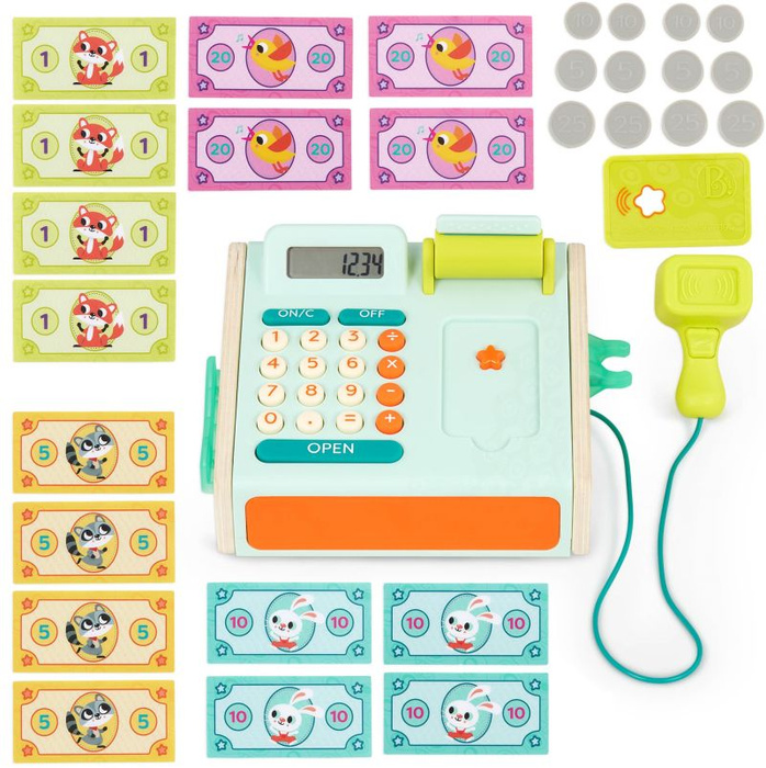 Kasa fiskalna do zabawy dla dzieci kalkulator i skaner kart Mini Cashier Playset B.Toys