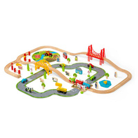 Drewniana kolejka z zestawem dróg i obszarów wiejskich, 80 elementów, Bigjigs Rail