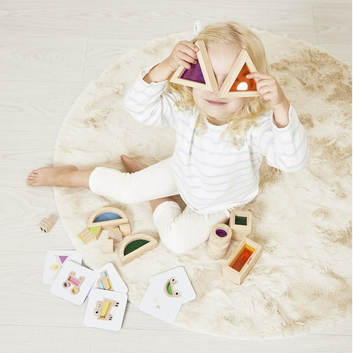 Klocki drewniane dla dzieci sensoryczne przeźroczyste kolorowe Janod