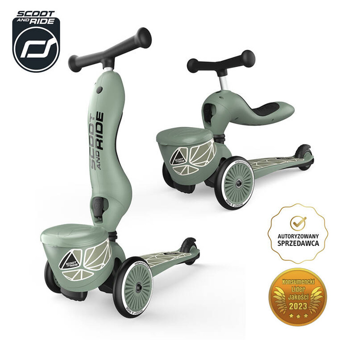 SCOOTANDRIDE Kask + Highwaykick1 2w1 jeździk i hulajnoga z zamykanym schowkiem Zestaw Green Lines