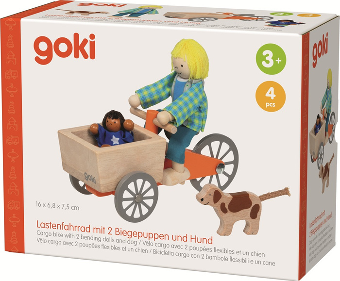 Drewniany Rower towarowy z dwiema lalkami i psem Goki Akcesoria do domku dla lalek