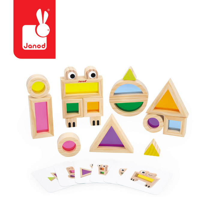 Klocki drewniane dla dzieci sensoryczne przeźroczyste kolorowe Janod