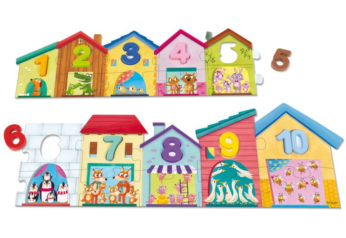 Puzzle dla dzieci Domki zwierzęta i nauka liczenia 1-10 Goula