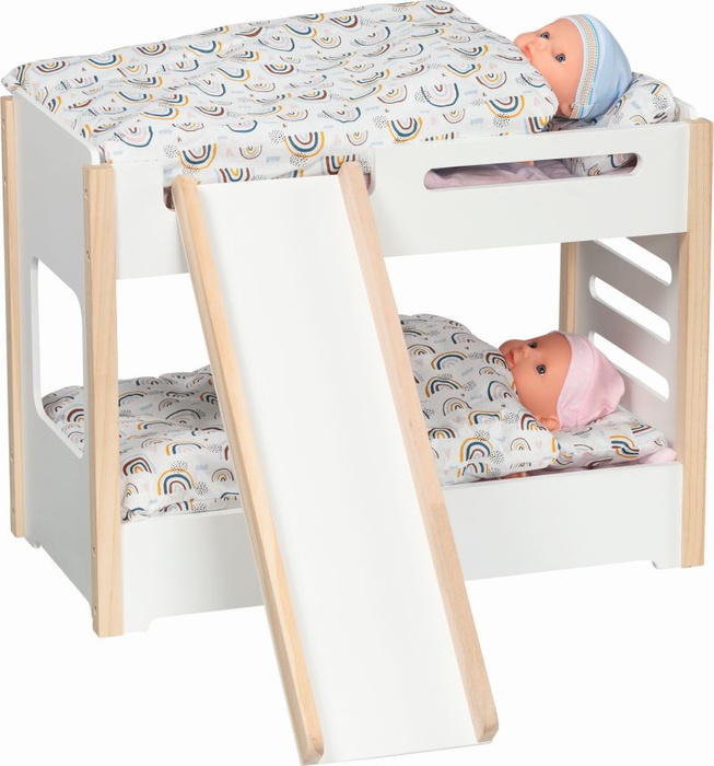 Drewniane łóżeczko piętrowe ze zjeżdżalnią dla lalek Goki