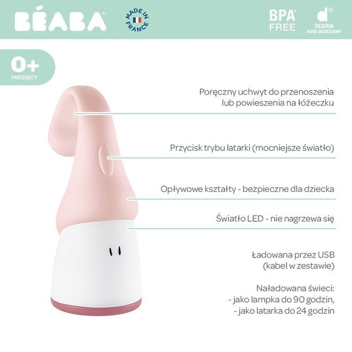 Przenośna lampka nocna LED z latarką Pixie 90h świecenia Pink Beaba