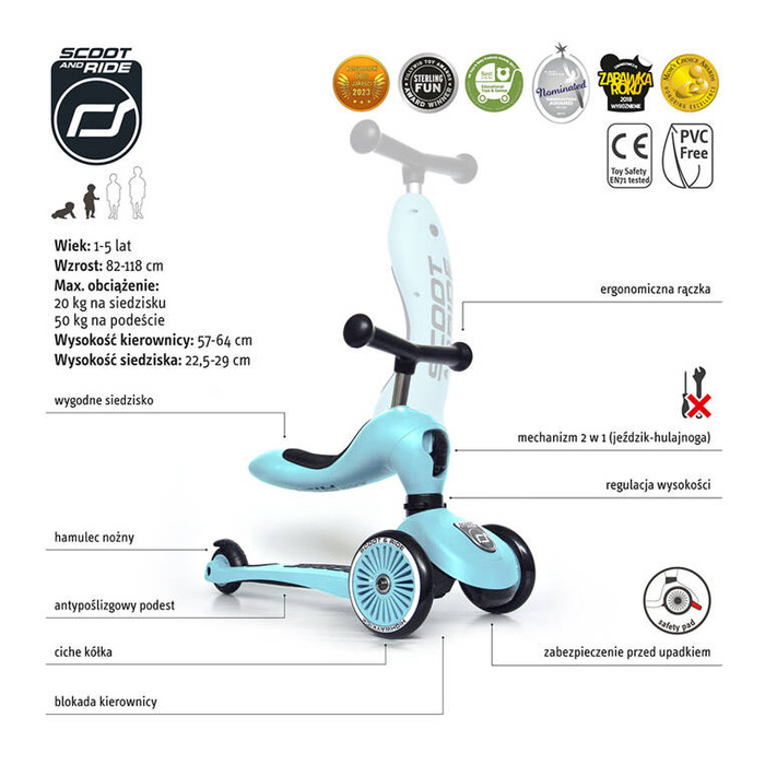 SCOOTANDRIDE Kask + Highwaykick1 2w1 jeździk i hulajnoga Zestaw Blueberry