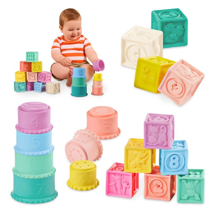 Miękkie kubeczki i klocki sensoryczne 2w1 dla dzieci Stackin’ Squishies B.Toys